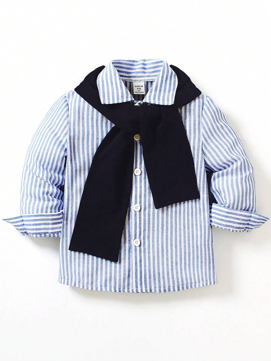 SHEIN 2pcs Young Boys Casual Blue & White Striped Collared Long Sleeve Shirt And Knit Scarf Set, Spring/Autumn