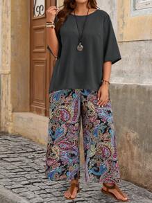 EMERY ROSE Plus Size Women Summer 2pcs Set: Shirt & Pants,Holiday Outfits Boho - Dark Grey - View 1