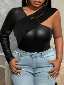 Slaydiva Plus Size Women Asymmetric Collar PU Leather Splice Long Sleeve Fitted T-Shirt