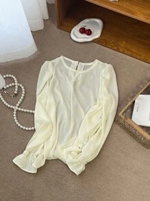 DAZY 女士纯色圆领长袖优雅衬衫，商务休闲，秋季，荷叶边，秋季女装 - 白色 - 查看 12