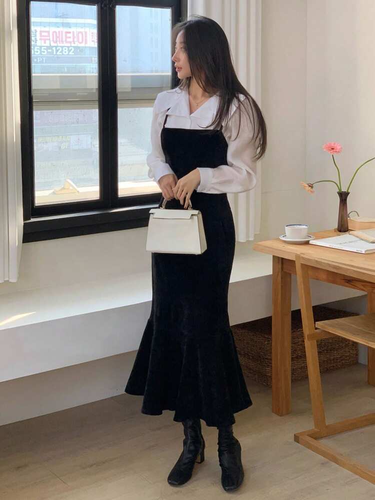 2pcs/Set Women Solid Color Tied Velvet Dress, Black & White, Spring/Summer/Autumn