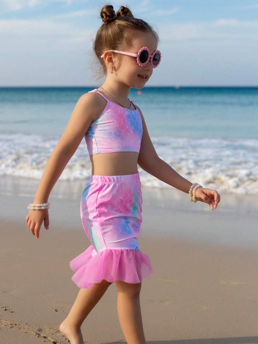 Young Girl Ombre Mermaid Scale Print Bikini Set - Multicolor - View 1