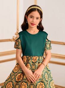 SHEIN 女童缎面印花连衣裙，绿金色，适合节日、斋月、派对聚会 - 綠色 - 查看 3