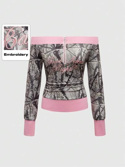 Grunge Punk Sweat-shirt ajusté pour femmes avec imprimé de branche en patchwork vintage, style Gyaru Valentin
