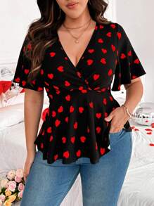 Flirla 大码波西米亚风 V 领荷叶边袖荷叶边短袖红色心形腰部修身优雅性感情人节女式 T 恤，带有情人节、玫瑰、心形、波尔卡圆点、爱心、嘴唇、丘比特和 171D 花朵图案，适合夏季 - 黑色 - 查看 4