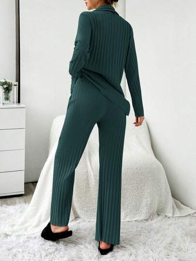 RueChic Long Sleeve Contrast Stitching Ribbed Pajama Set Cardigan view 2