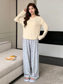 DAZY Knitted Top & Loose Ditsy Floral Pajama Pants 2 Pieces Sleep Set - Apricot - View 5