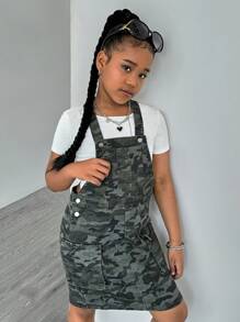 SHEIN Mono vestido de mezclilla con estampado de camuflaje estilo Y2K con múltiples bolsillos para niñas preadolescentes - Multicolor - Ver 5