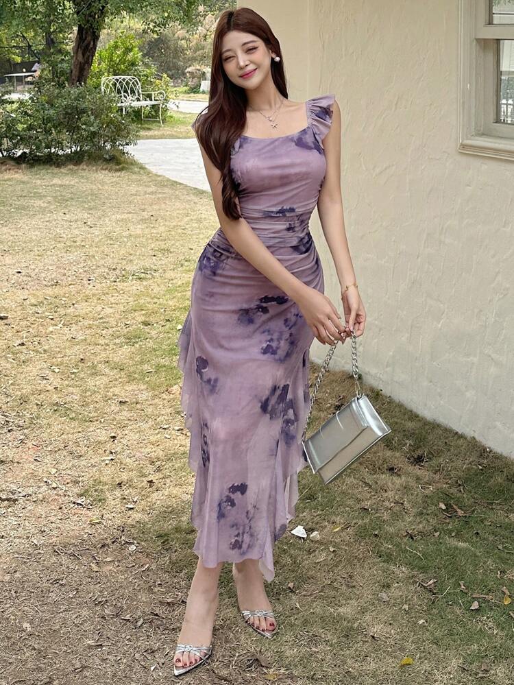 Women's Ditsy Floral Ruffle Hem Mid-Calf Wrap Purple Dress, Spring/Summer Sundress Easter Dress