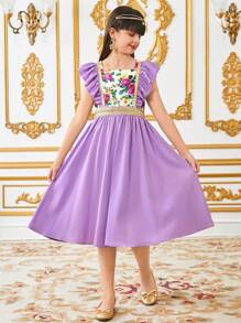 SHEIN Leap Crew Tween Girls Casual Vacation Floral Patchwork Webbing Decor Cap Sleeve Mid-Length Woven Dress - Mauve Purple - View 4