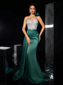 Glamrae 优雅深绿色搭配银色奢华亮片点缀不对称花卉装饰侧高开叉垂坠美人鱼尾正式晚礼服、婚礼宾客礼服、派对礼服 - 墨綠色 - 查看 5