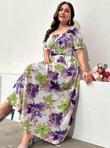 Modelyn Abito lungo a bolle con stampa floreale e maniche corte a palloncino, stile estivo per vacanze, taglia comoda, per donne, maxi