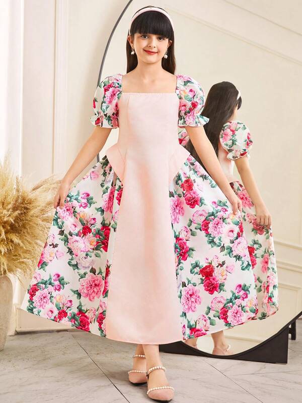 SHEIN Leap Crew Tween Girls Elegant Floral Print Color Block Puff Sleeve Dress