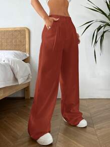 SHEIN EZwear 女士纯色褶皱宽松裤，休闲日常穿着 - 紅色 - 查看 5