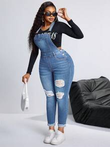 SHEIN SXY Plus Size Casual Ripped Denim Jumpsuit, Minimalist & Fashionable For Daily Wear - Light Wash - View 2