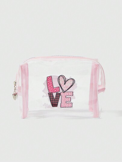 Kawaii Bolsa de cosméticos/maquillaje de gran capacidad para mujer con diseño de corazón de dibujos animados para el Día de San Valentín