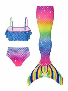 Young Girl Minimalist Spaghetti Strap Bikini Top And Bottom Swimwear Set - Multicolor - View 2
