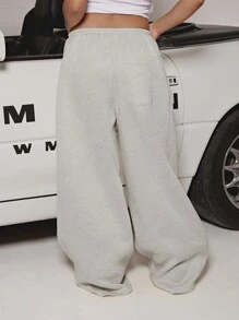 SUMWON WOMEN 基本款窄腰阔腿运动裤运动休闲家居服舒适贴合弹性腰部和休闲运动裤，适合健身瑜伽放松 - 淺灰色 - 查看 2