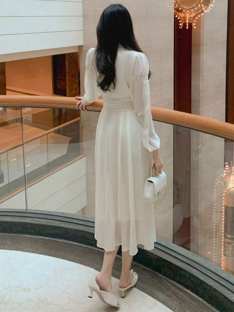 Women's Solid Color Chiffon Cinched Waist Mid-Length Dress, Spring/Summer/Autumn Long Sleeve Dress Maxi Dress