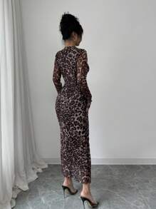 Elenzga 女士优雅豹纹网眼褶皱紧身连衣裙 - 彩色 - 查看 2