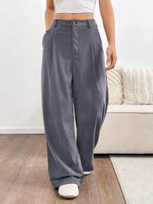 SHEIN Unity Pantalones de pierna ancha plisados con textura de rayas en gris oscuro - Gris Oscuro - Ver 5