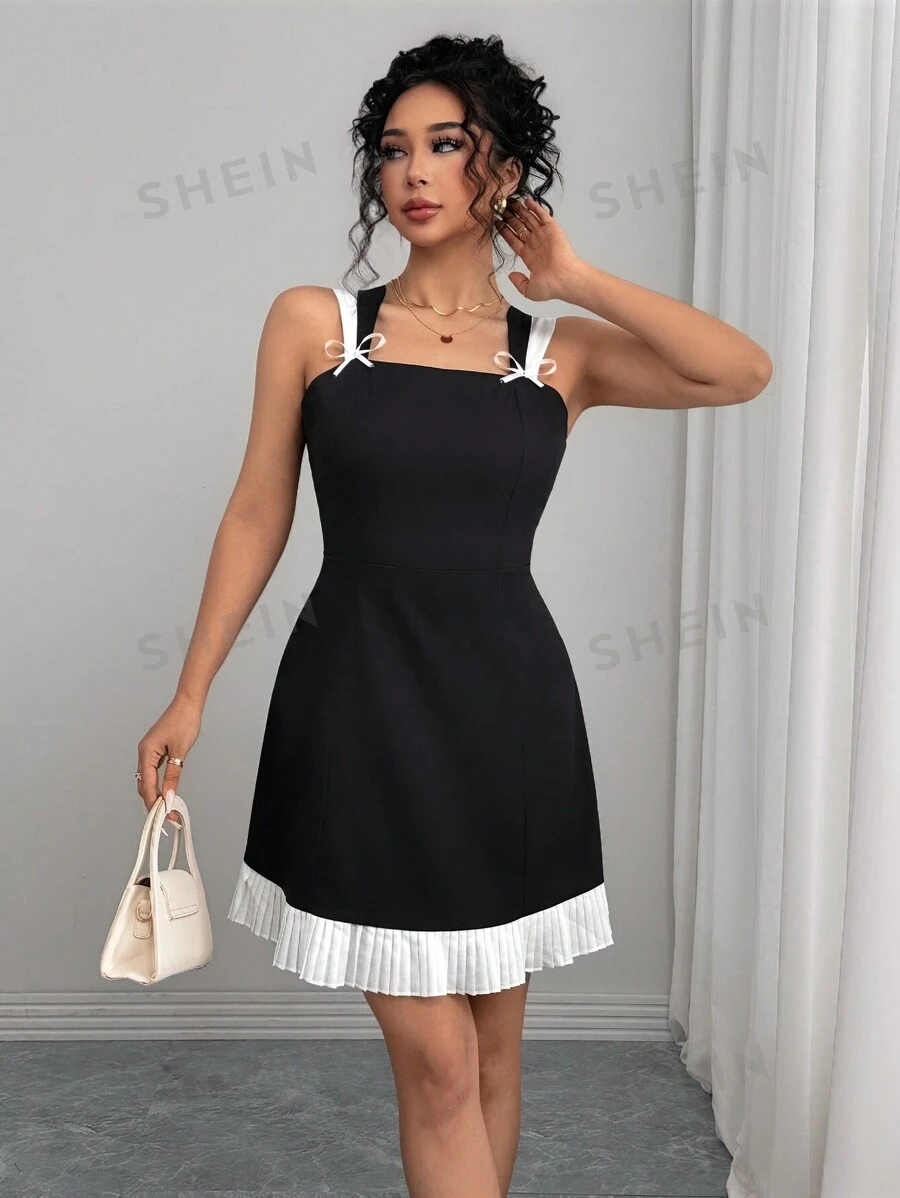 Chiquease Vestido de tirantes elegante de verano con bloques de color, bajo plisado y lazo decorativo