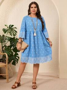 EMERY ROSE Plus Size Women Embroidered Trim Round Neck Light Blue Dress,Boho Vacation Holiday Summer Outfits,Casual Blue And White Autumn St Patrick Day Clothing - Blue and White - View 1