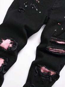 Manfinity EZcore Plus Size Men's Front Button Pocket Distressed Minimalist Casual Black Jeans - Black - View 3