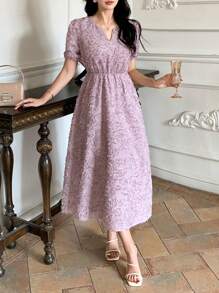 DAZY Women Textured Fabric Short Sleeve Waist Shaping Dress Sundress - Purple - View 2