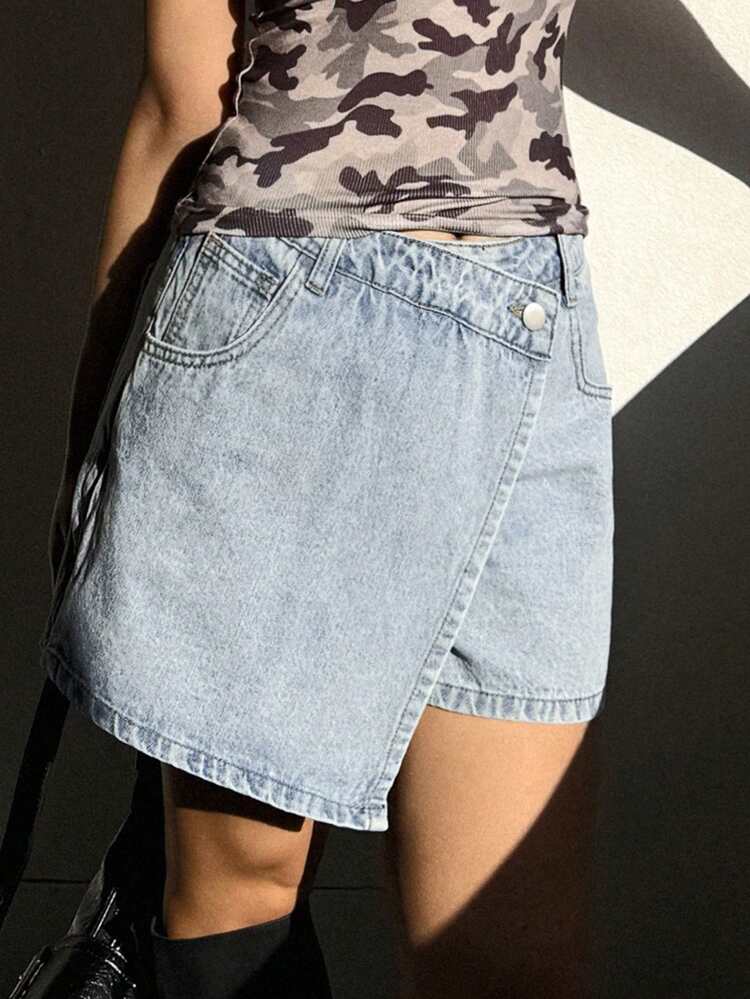Women's Asymmetric Hem Denim Skirt Shorts With Pockets,Skorts Jorts