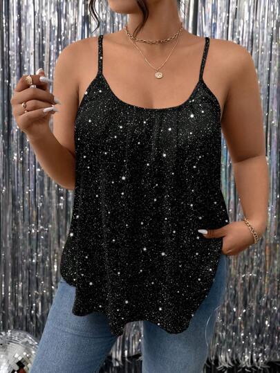 SHEIN Frenchy Plus Size Women Simple Elegant Shiny Spaghetti Strap Tank Top, Suitable For Summer