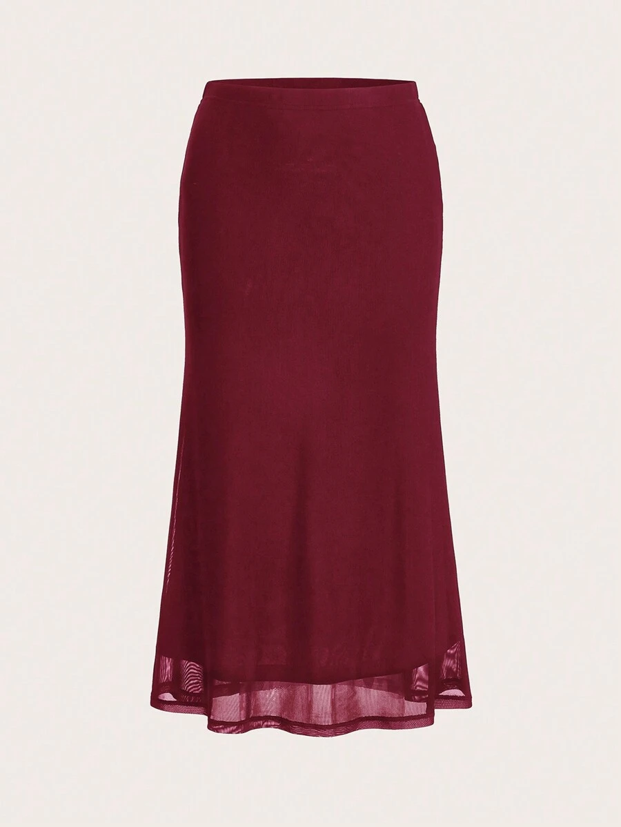 SHEIN EZwear 女士情人节心形印花鱼尾酒红色网眼半身裙 - 酒紅色 - 查看 1