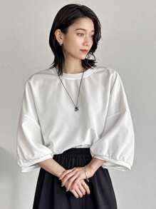 FRIFUL Women's Pleated Versatile Solid Color Batwing Sleeve Loose Blouse - Apricot - View 5