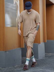 DAZY Bộ quần short lưng thun co giãn có dây rút bằng vải họa tiết mùa hè dành cho nam kèm áo phông màu kaki - Màu Khaki - Xem 5