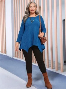 EMERY ROSE Camiseta de manga larga cuello redondo minimalista de color sólido para mujer talla grande, ropa de otoño