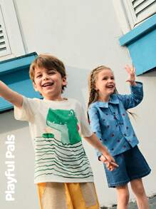 SHEIN 2pcs/Set Young Girls Fun All-Over Ladybug Print Polo Collar Top And Elastic Waist Soft Washed Vintage Blue Denim Shorts Set - Multicolor - View 11