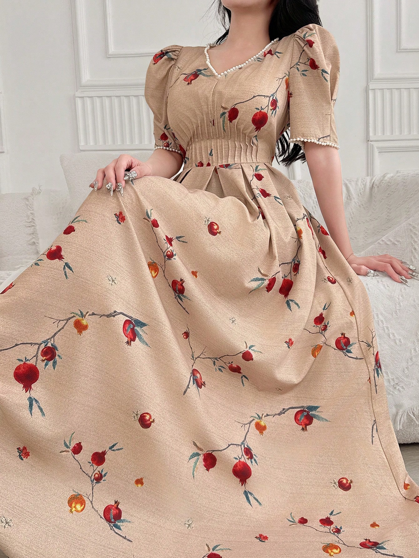 Feyla فستان طويل ربيعي مطبوع بأكمام قصيرة، زخرفة م...