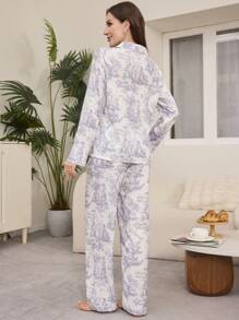 LuxeNights 泡泡褶皱印花翻领长袖上衣和裤子睡衣套装，秋冬舒适优雅细节 - 淺灰紫 - 查看 6