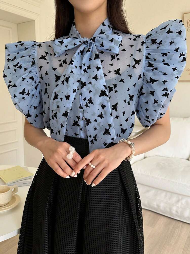 Women's Oversized Bowknot Flocked Tie Cuff Shirt, Holidaya Flower Vacation Beach Blouse For Spring/Summer Floral