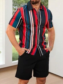 Manfinity Homme Męski, zapinany z przodu na guziki, krótki rękaw, swobodny top i spodenki, 2 częściowy strój, koszula świąteczna na wyjście - Wielokolorowe - Zobacz 3