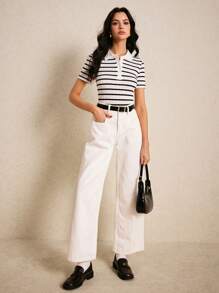 Poéselle Women's Front Button Short Sleeve Striped Casual Blouse, Daily Wear,Classic Black And White Striped Short Sleeve Polo Shirt,Fashionable Women's Black And White Striped Polo Shirt - Black and White - View 3