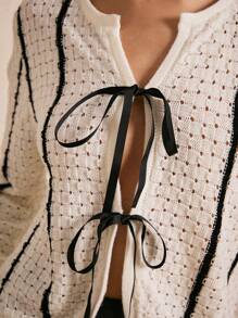 Poéselle Women's Striped Hollow Tie Cardigan,Elegant Off-White Autumn Casual Long Sleeve Top,Asymmetric Hem Bohemian Sweaters For Brunch,Western Hippie Wear - Black and White - View 6