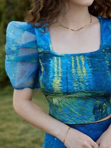 SHEIN MOD Artistic Series, Van Gogh "Starry Night Over The Rhône" Print Shirt, Retro Vintage - Blue - View 7