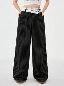SHEIN Teen Girl Spring/Summer Streetwear/Break Basic Color Block Striped Wide Leg Pants, Parent-Child - Black - View 3