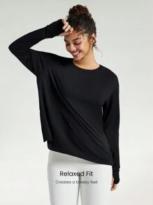 GLOWMODE Modal Make Moves Relaxed Sports Oversized Long Sleeve Tee Daily Casual  Compression Shirt - Black - View 5