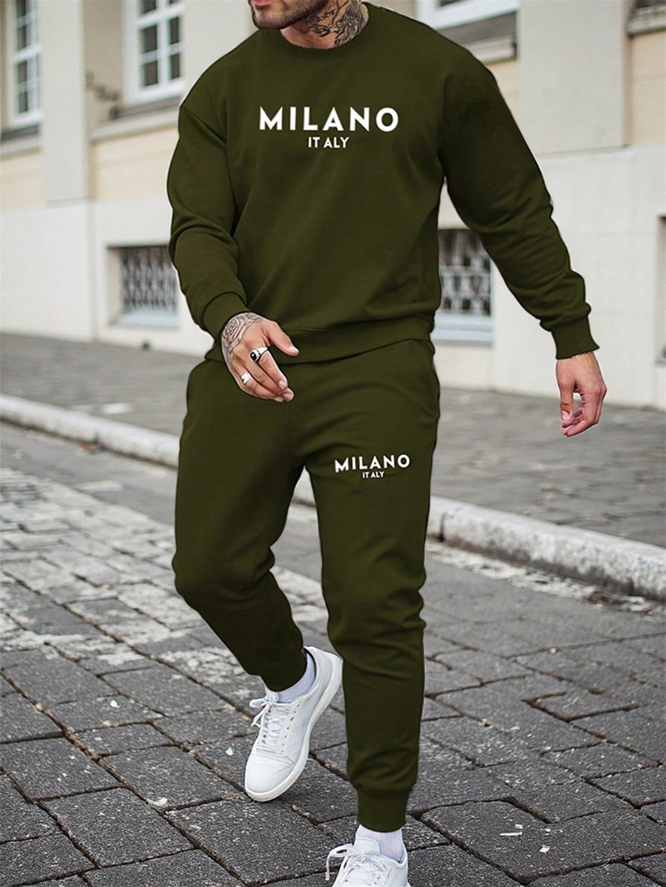 Manfinity Dauomo Men's Letter Print Round Neck Long Sleeve Sweatshirt And Sweatpants Casual Suit, Autumn/Winter