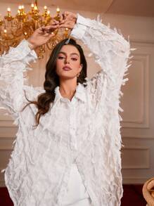 SHEIN VCAY VCAY Plus Size Boho White Elegant Long Sleeve Front Button Casual Shirt For Women,Autumn Party Wedding Vacation Summer Spring Top,Teacher Rave Tops - Beige - View 7