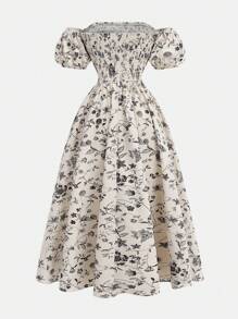 SHEIN 青少年女孩休闲夏季单肩泡泡袖黑白钩织花卉褶皱大 A 形下摆女孩露肩长裙、女孩连衣裙、女孩服装、优雅、度假、海滨、沙滩装、女孩情人节装、青少年女孩连衣裙、母女搭配、情人节