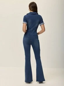 Poéselle 女式有领短袖拉链前口袋休闲牛仔连体裤 - 霧霾藍 - 查看 2