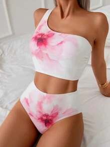 SHEIN Swim 女士性感不对称肩部花卉印花细肩带背心，夏季比基尼 - 彩色 - 查看 4